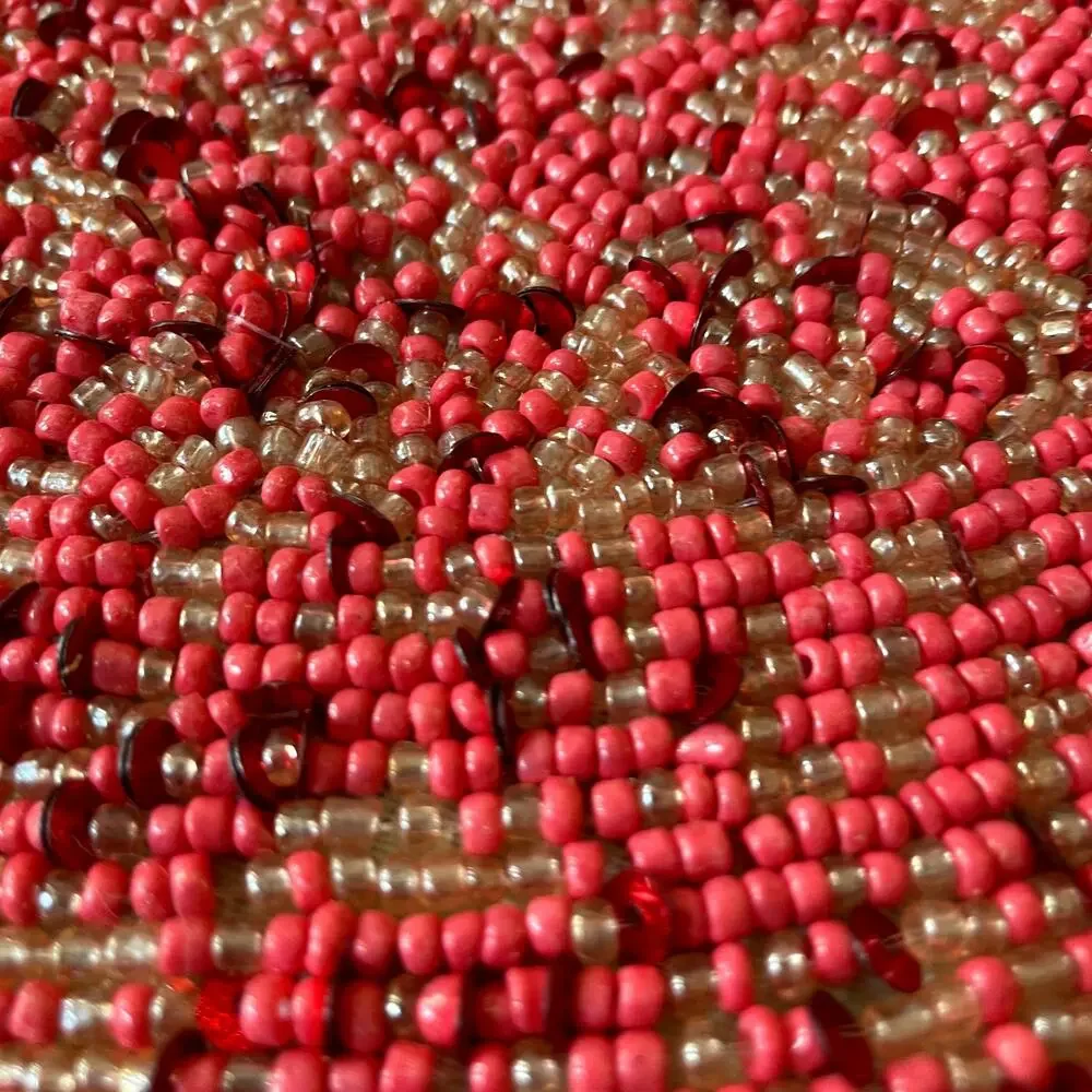 TIRAMISU Handmade Beaded 15in Round Placemat Charger Holiday Red Pink Pearl  NEW